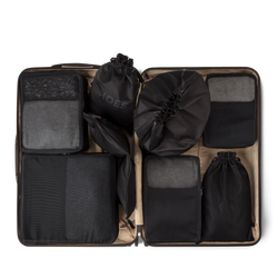 8 piece black packing cubes organizer set in a travel bag