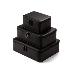 The front of our vegan black packing cubes stack on each other