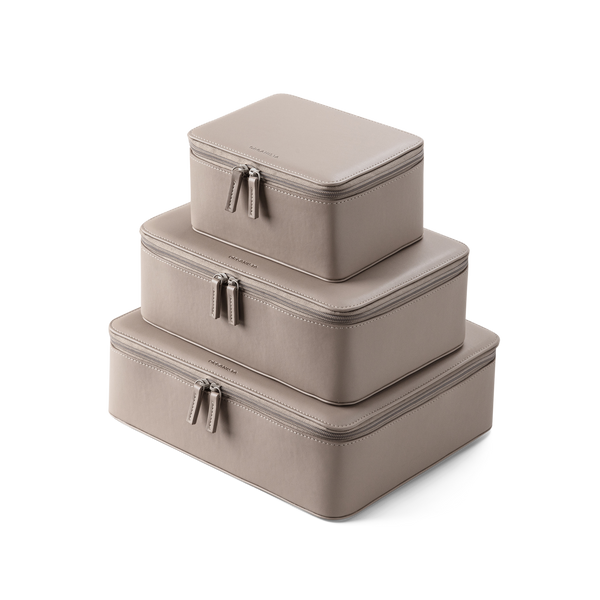 Vegan Leather Packing Cubes in the color taupe - A trio on top of each other