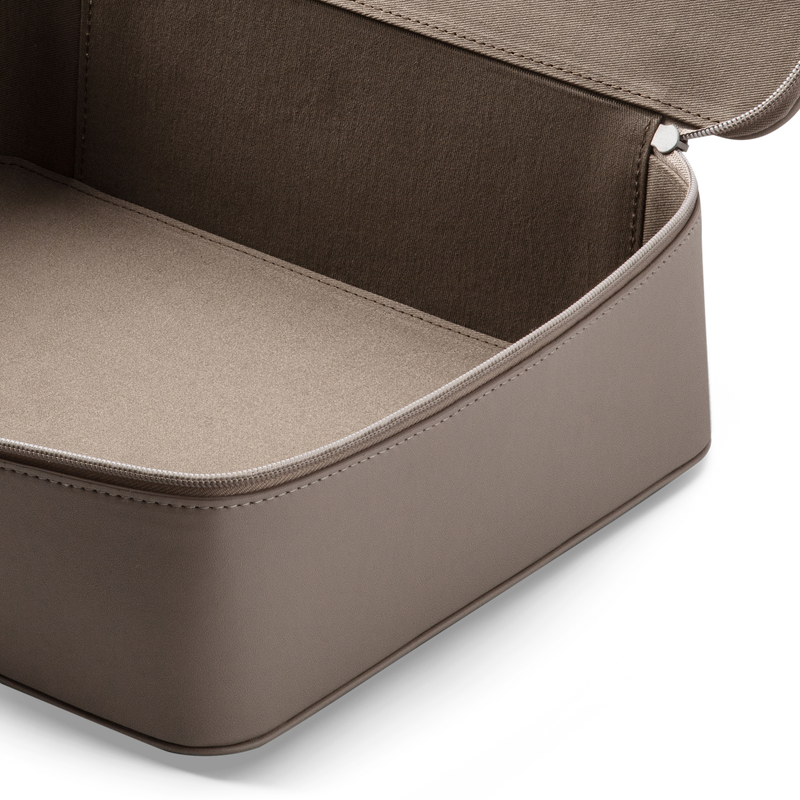 The inside of our taupe vegan packing cube